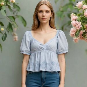 Zara Womens Top Sz Medium Baby Blue‎ Puffy Sleeves Cropped Stretch Babydoll Y2K